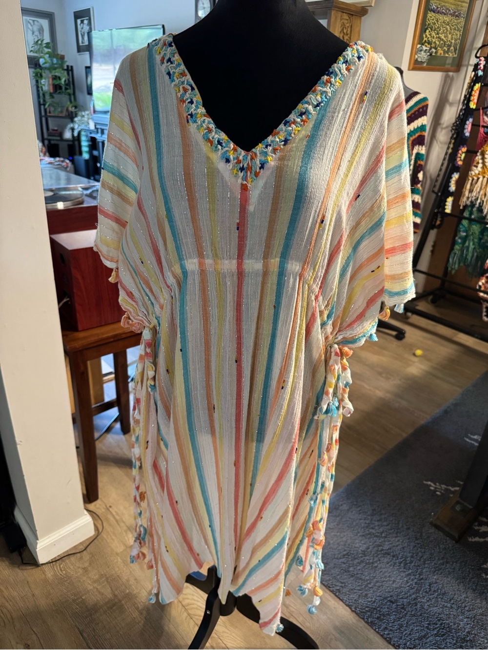 Pastel Multi-Stripe V-Neck Tassel Dress